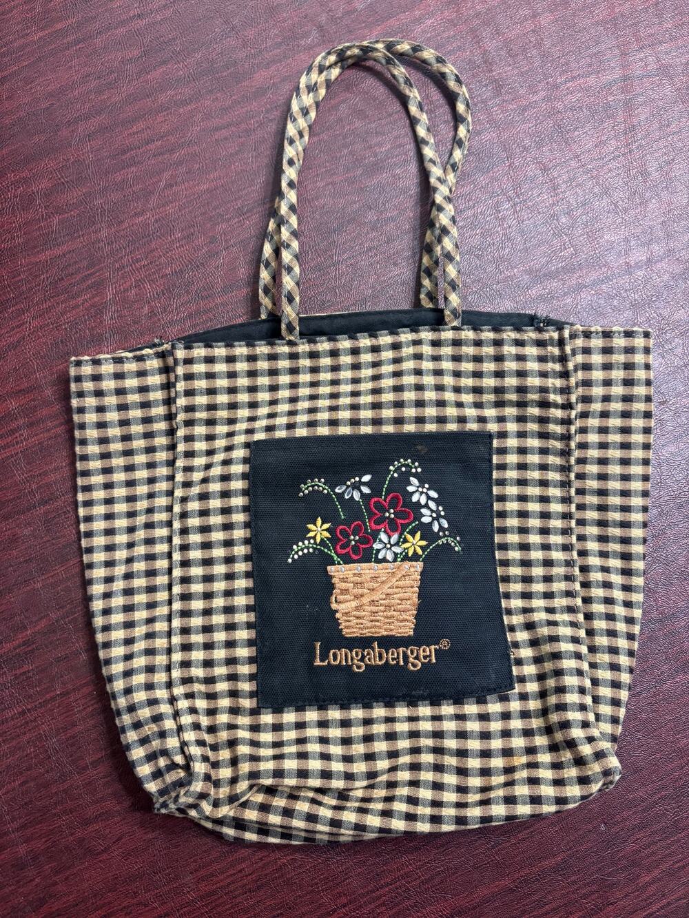 Longaberger Homestead Gingham Fabric Tote Bag Floral Embroidered Market Purse